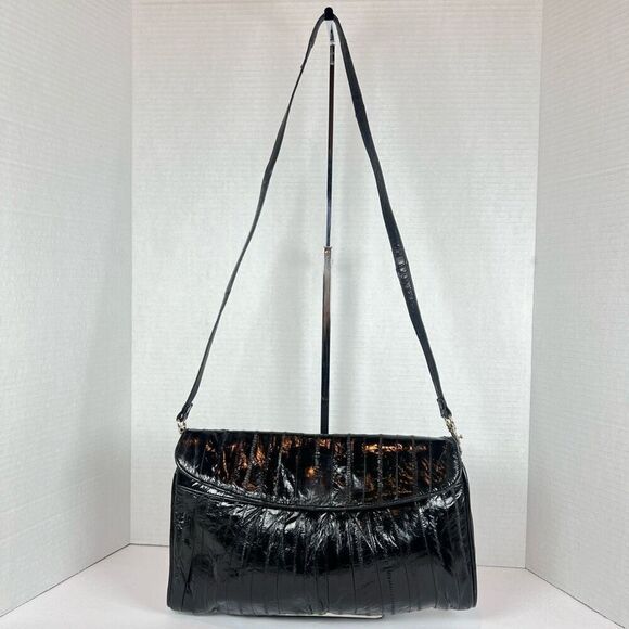 Vintage Shoulder Clutch Eel Skin Embossed Leather Bag Black Patent Purse - Picture 1 of 10